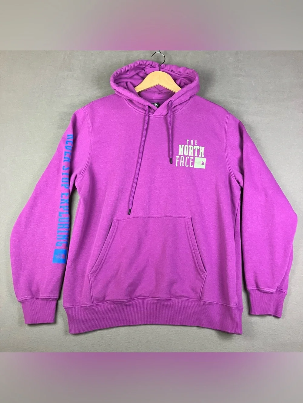 The North Face Men’s Size M Hoodie Sweatshirt Purple Never Stop Exploring Logo.
